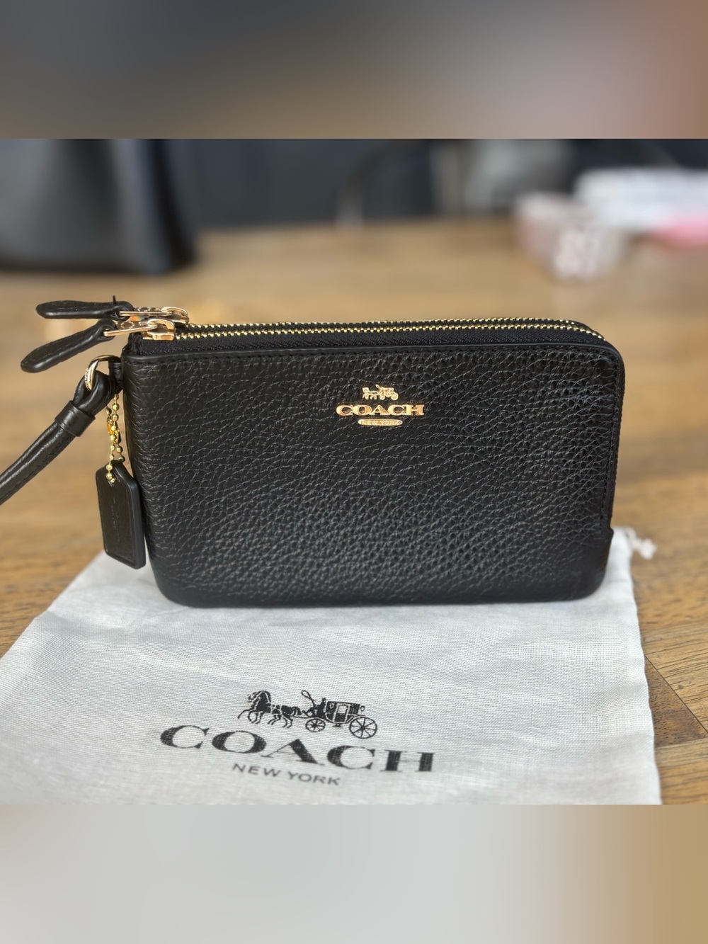 Coach Black Double Corner Zip Pebbled Leather Wallet with dust bag